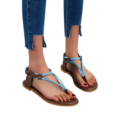 

uikmnh Women Shoes Ladies Fashion Roman Style Leather Herringbone Buckle Casual Flat Sandals Blue 8.5