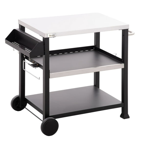 Grill Cart Table Outdoor, 3-Shelf Stainless Steel Pizza Oven Stand with Wheels - Black BBQ Prep Station