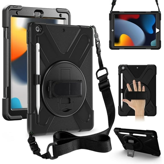 ZenRich Shockproof Case for iPad 9th/8th/7th Generation 10.2 inch 2021/2020/2019, Heavy Duty Rugged with Pencil Holder/360° Rotating Kickstand/Handle/Carrying Strap, Black