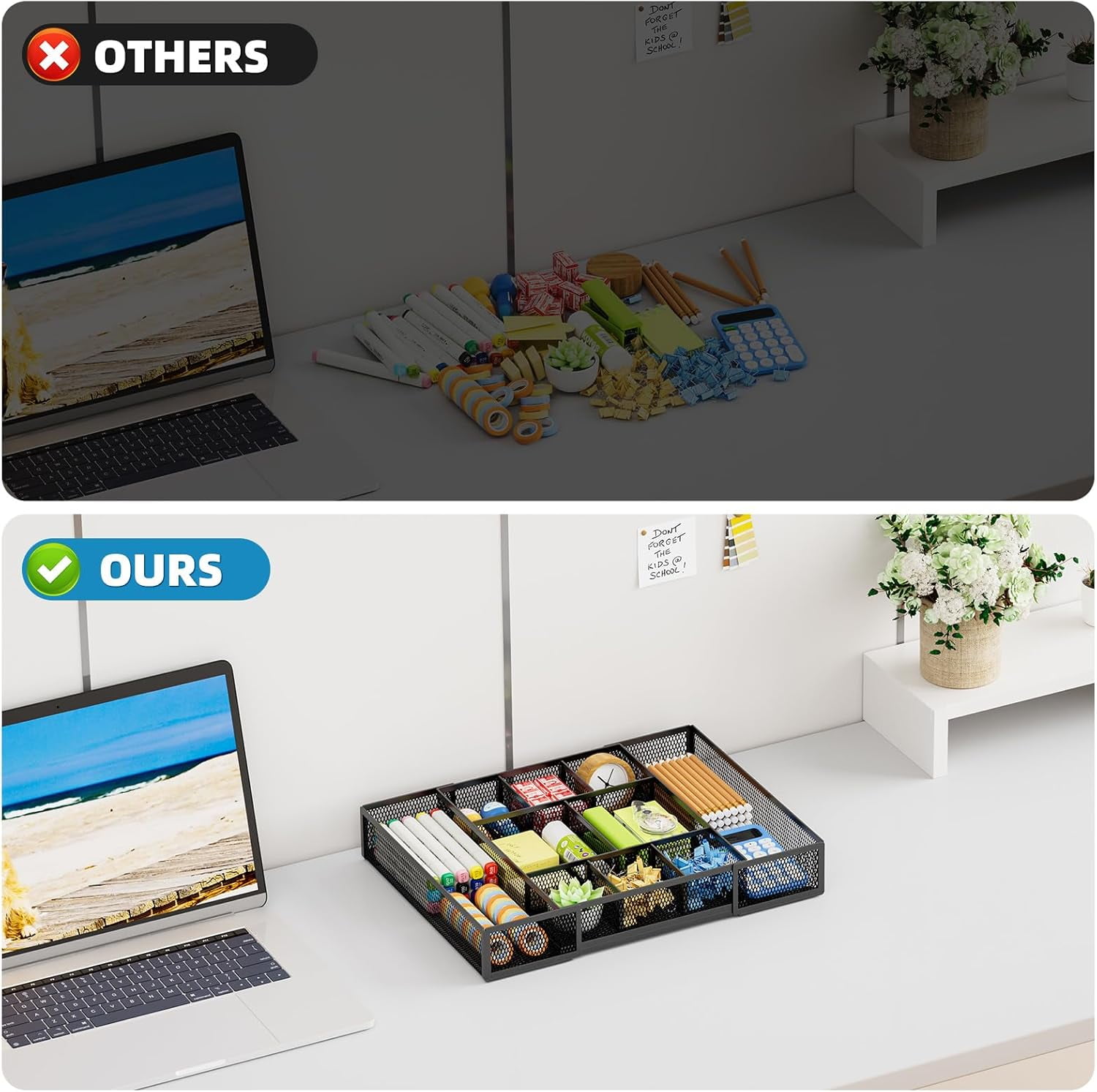 Expandable Desk Drawer Organizer, Mesh Drawer Organizer Tray with 10 Adjustable Compartments, Desk Organizers and Accessories for Office Supplies, Makeup & Vanity (Expandable Black-2 pack)