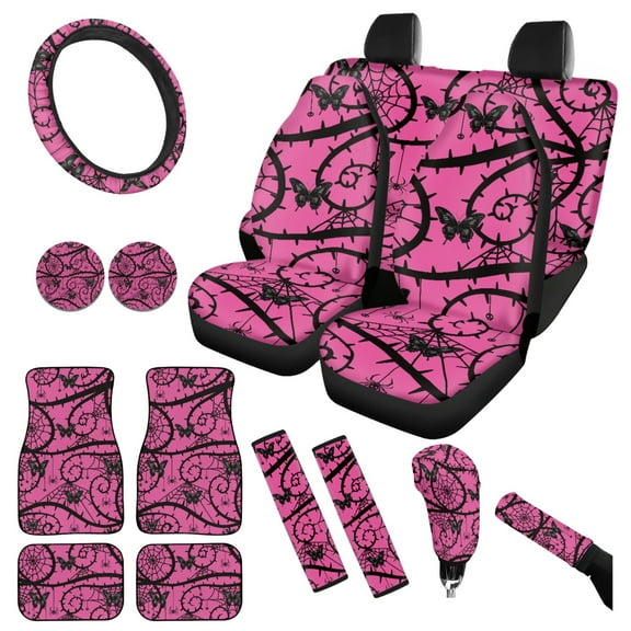 Yuyamidu Pink Gothic Car Accessories Sets Butterfly Car Seat Covers Car Floor Mats Steering Wheel Cover Seatbelt Shoulder Pad Handbrake Cover Gear Shift Knob Cover Coasters 15 PCS