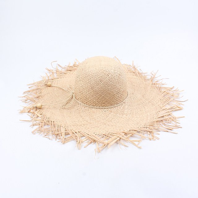Boho Sombrero de paja para mujer Bowknot Ancho de ala grande Plegable flecos deshilachados Eccomum Beige