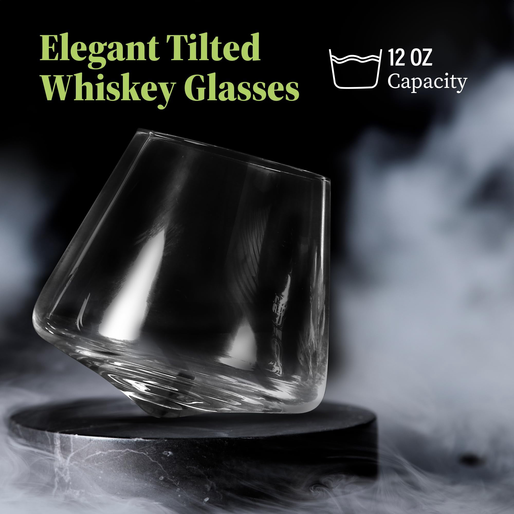 QUAFFER Tilted Whiskey Wine Glasses Tumblers Set of 4 – Naturally Aerates – No Spill Leaning Glass – Modern & Elegant - Old Fashioned Crystal Glass for Drinking Scotch Bourbon Cocktails Glassware