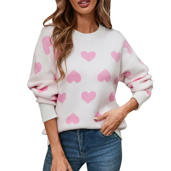 Outfmvch womens sweaters crew neck sweatshirts Love Heart Grahic Valentine's Day Round Neck Knitted Hoodie Valentine's Day Sweater christmas sweaters for women Knit Sweater Pullover Tops White S