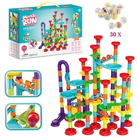 Marble Run Toy, 197 PCS Educational Construction Maze Block Toy Set with Glass Marbles for Kids and Parent-Child Game,Building Project Toy