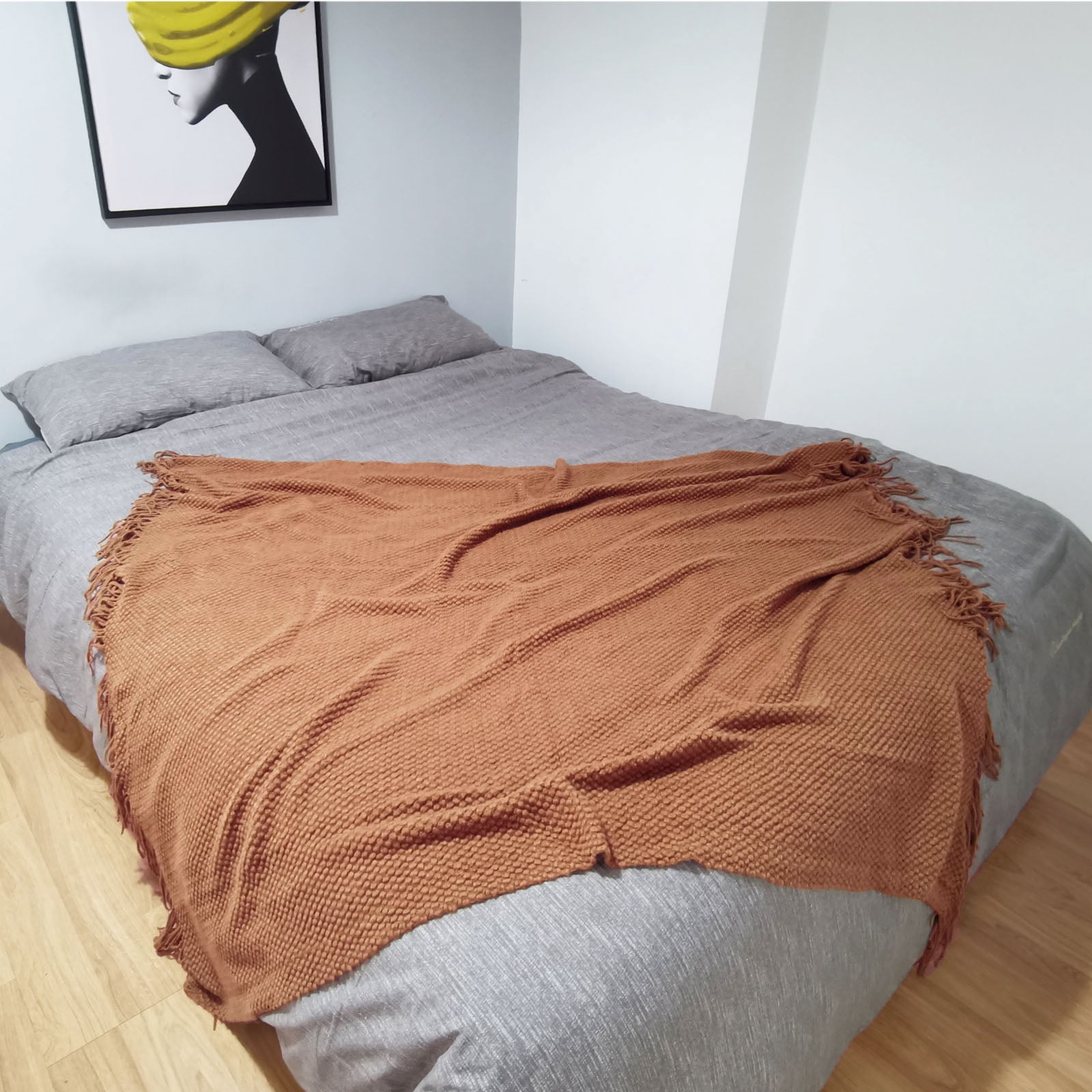 LOMAO Knitted Throw Blanket with Tassels Bubble Textured Lightweight Throws for Bed,Chair,Sofa,Living Room,Home Decor (Caramel/Rust,50*60 in)