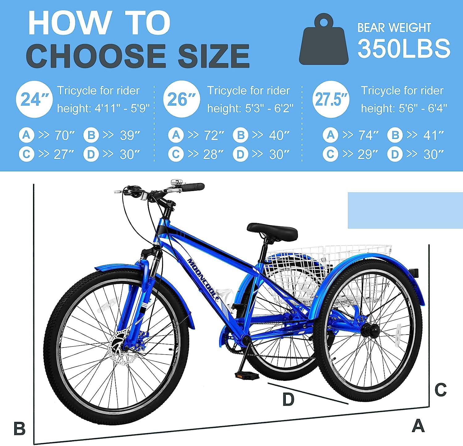 FICISOG 27.5"Adult Mountain Tricycle, 3 Wheeled 7-Speed Mountain Tricycle Cruiser Bike with Cargo Basket, Unisex