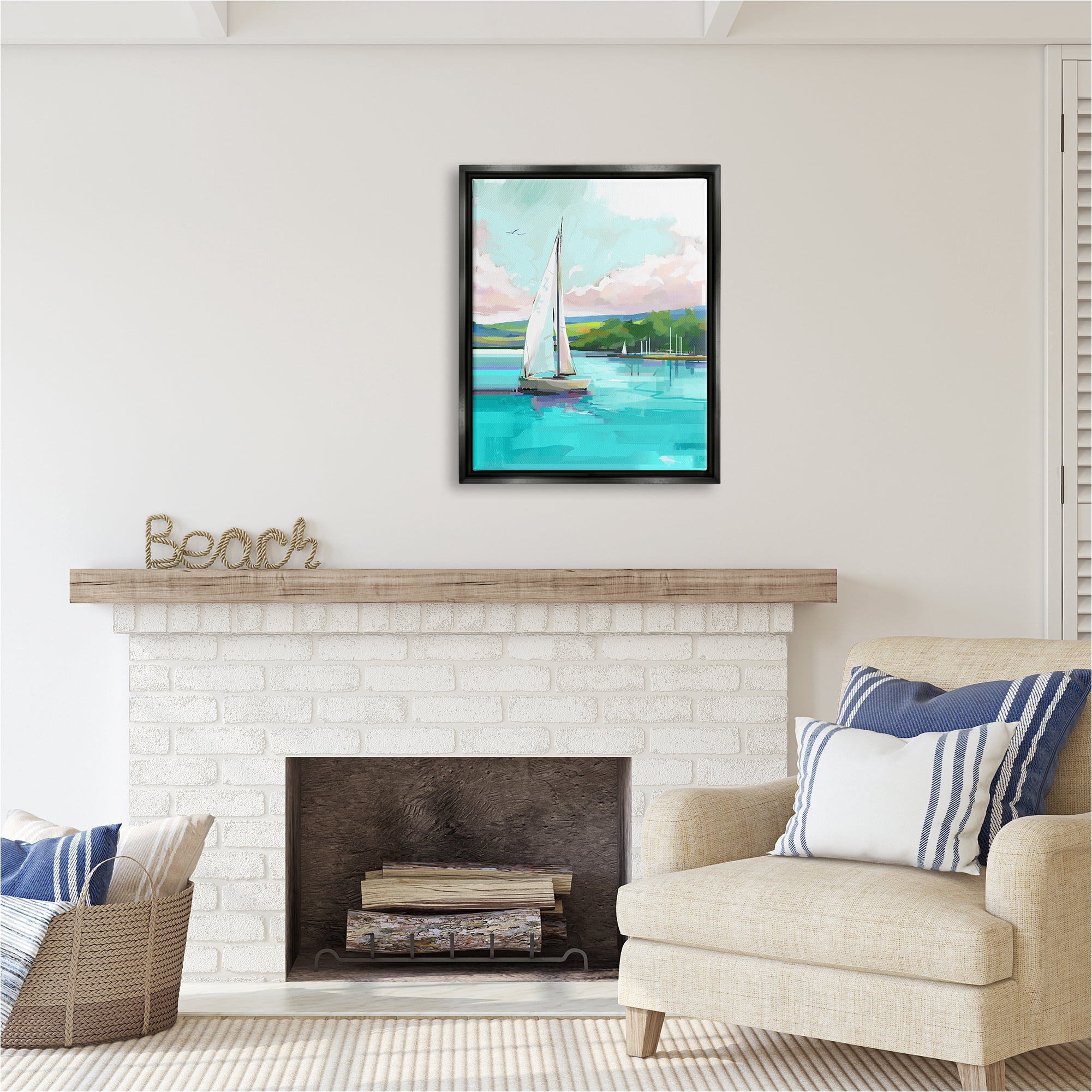 Stupell Industries Sailboat in Coastal Marina Transportation Painting Black Floater Framed Canvas Art Print Wall Art, 25 x 31