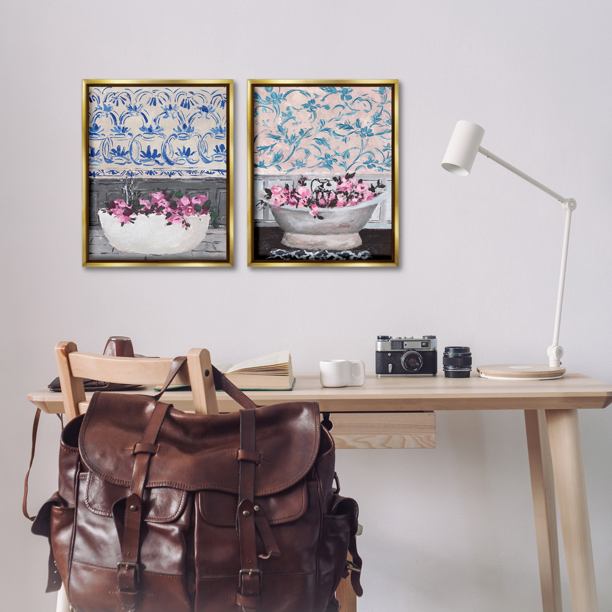 Stupell Industries Flowers In Bath Tub Interior Design Botanical & Floral Painting Gold Floater Framed Canvas Art Print Wall Art, 17 x 21, Set of 2