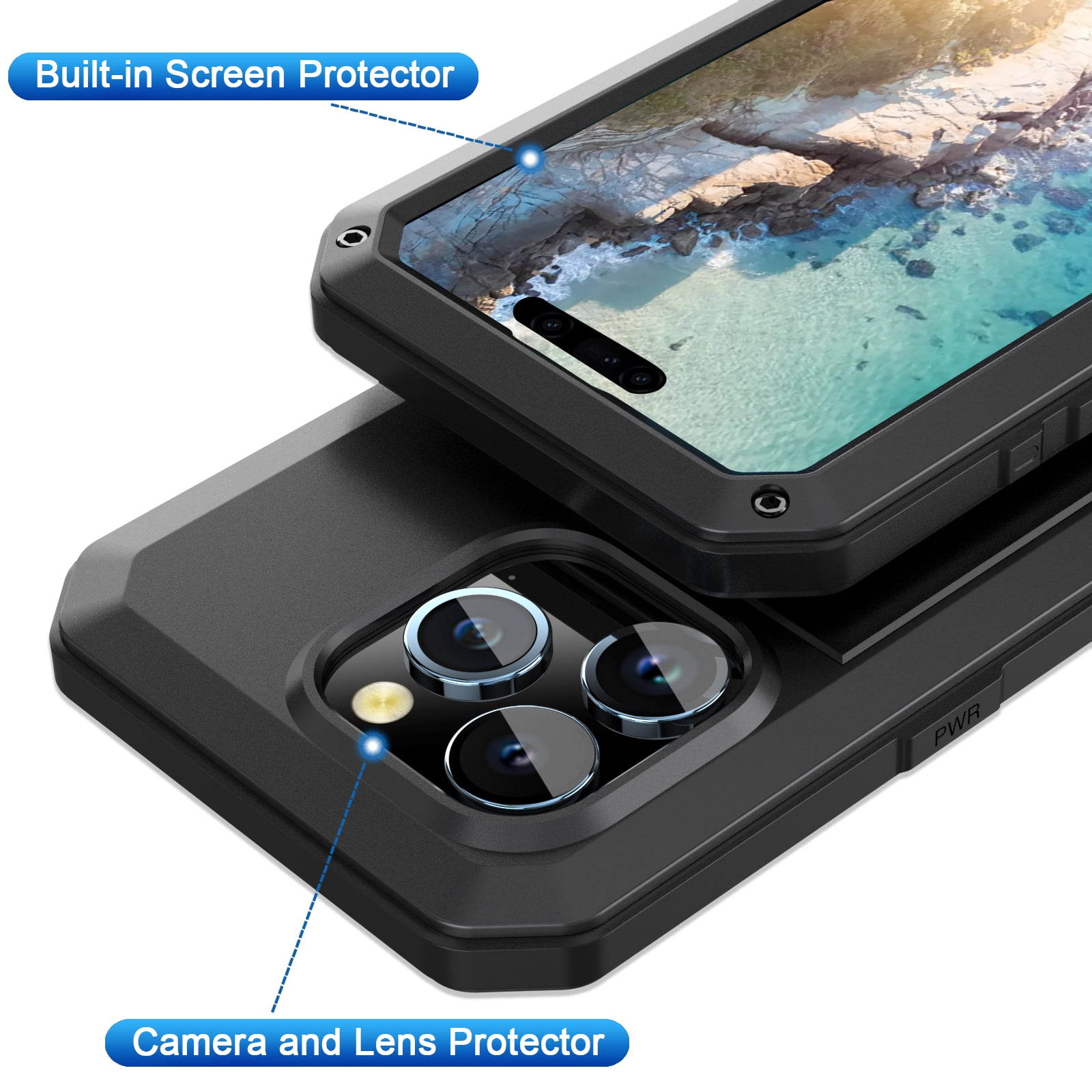 for iPhone 16 Pro Max Case, 360 Full Body Protective Cover Heavy Duty Shockproof Armor Aluminum Alloy Metal Case with Silicone Built-in Screen Protector for iPhone 16 Pro Max, Black