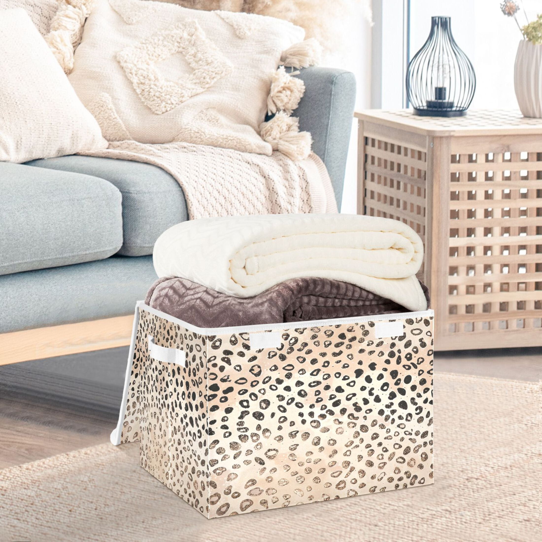 Ryvnso Plain Cheetah Glitter Print Large Lidded Foldable Storage Baskets Cubes Boxes Lids Bin for Home