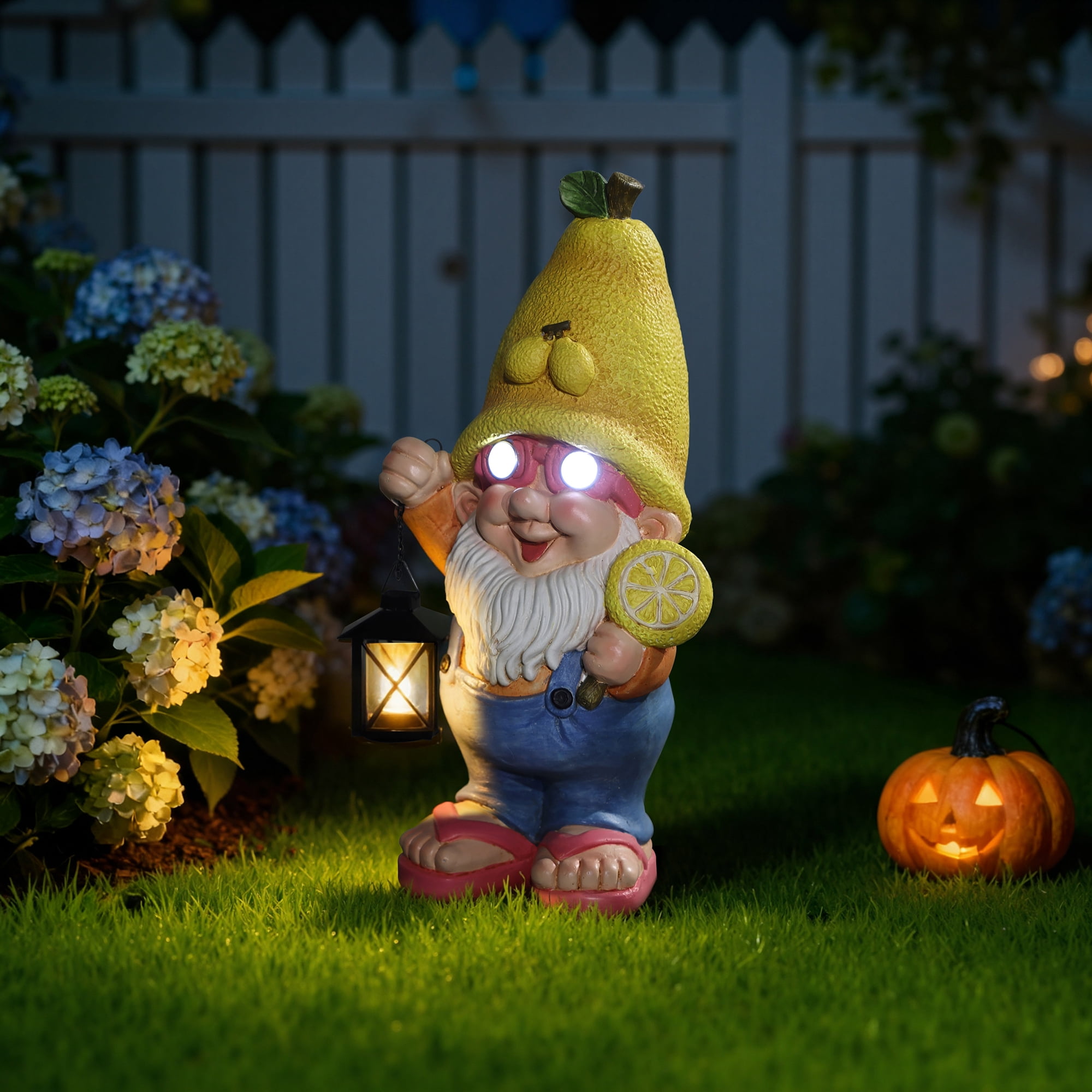 LuxenHome 18" Solar Powered Garden Gnome Outdoor Statue with Lantern, Lemon Hat Gnome Sculpture for, Lawn, Garden