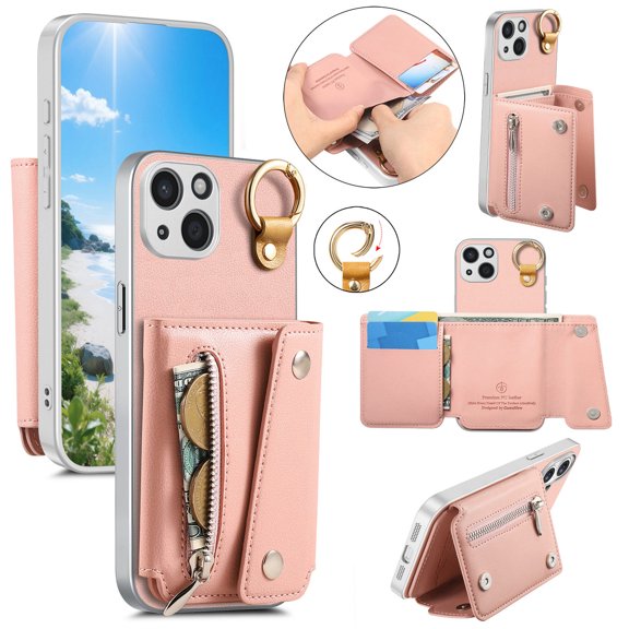 Sanwo for iPhone 15 Plus Wallet Case with Card Holder and Cash Slot, PU Leather Flip Cover with Kickstand,Rugged PC TPU  Protective Case, Pink