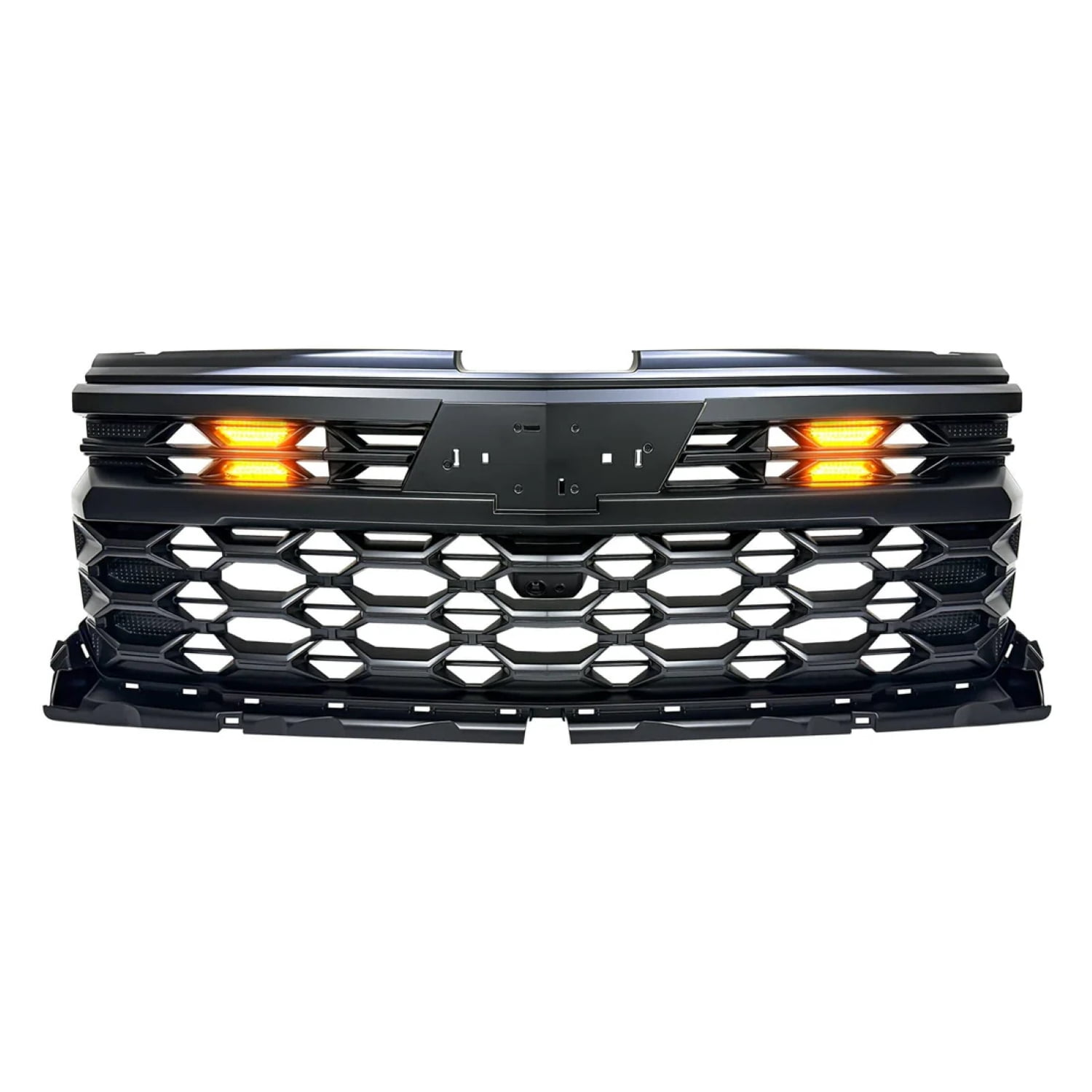 AMERICAN MODIFIED Armor Grille w/Emblem Base, Amber Lights and Front Camera Bracket for 2022-2024 Chevy Silverado 1500, Matte Black ABS