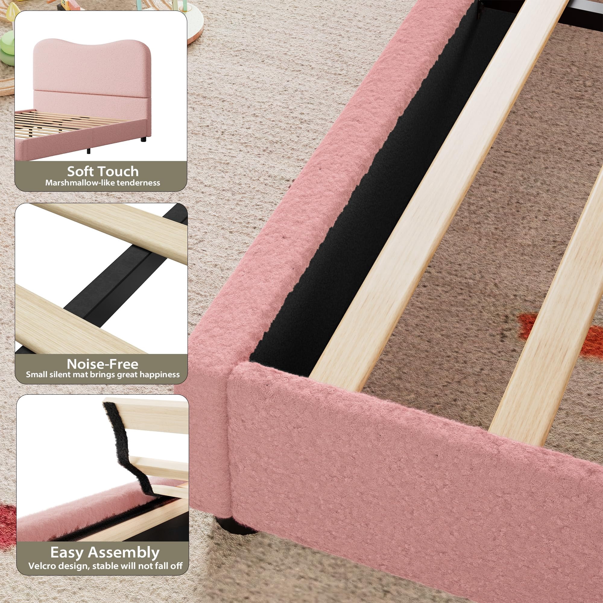Twin/Full/Queen Size Wood Bed Frame for Bedroom with Velvet Upholstered Headboard, Cute Low Profile Platform Bed for Girls and Boys, No Box Spring Needed, Strong Wooden Slats, Noise Free