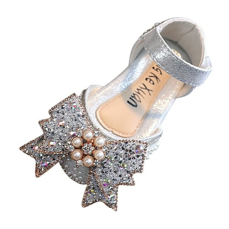 

Celiean Fashion Spring And Summer Girls Sandals Dress Dance Performance Princess Shoes Pearl Rhinestone Big Bow Breathable And Comfortable Silver 11-11Y