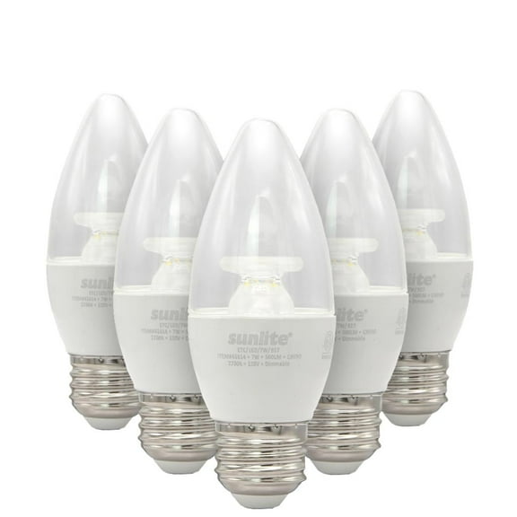 Sunlite LED Torpedo Tip B10 Clear Chandelier Light Bulb, 7 Watts (60W Equivalent), 500 Lumens, Medium Base (E26), 90 CRI, Dimmable, ETL Listed, 2700K Soft White, 6 Count