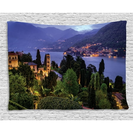Italian Villa Tapestry - Italian Decor Tapestry, Lago Di Camo Lake Famous Coastal Village Aerial View Picturesque Panorama, Wall Hanging for Bedroom Living Room Dorm Decor, 60W X 40L Inches, Blue Green, by Ambesonne