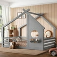 thumbnail image 5 of HICOMILA Full House Floor Bed with Window and Shelf, Montessori Solid Wood Floor Bed Frame with Roof Design, Low Profile House Bed for Girls＆Boys, No Box Spring Needed, Gray, 5 of 12