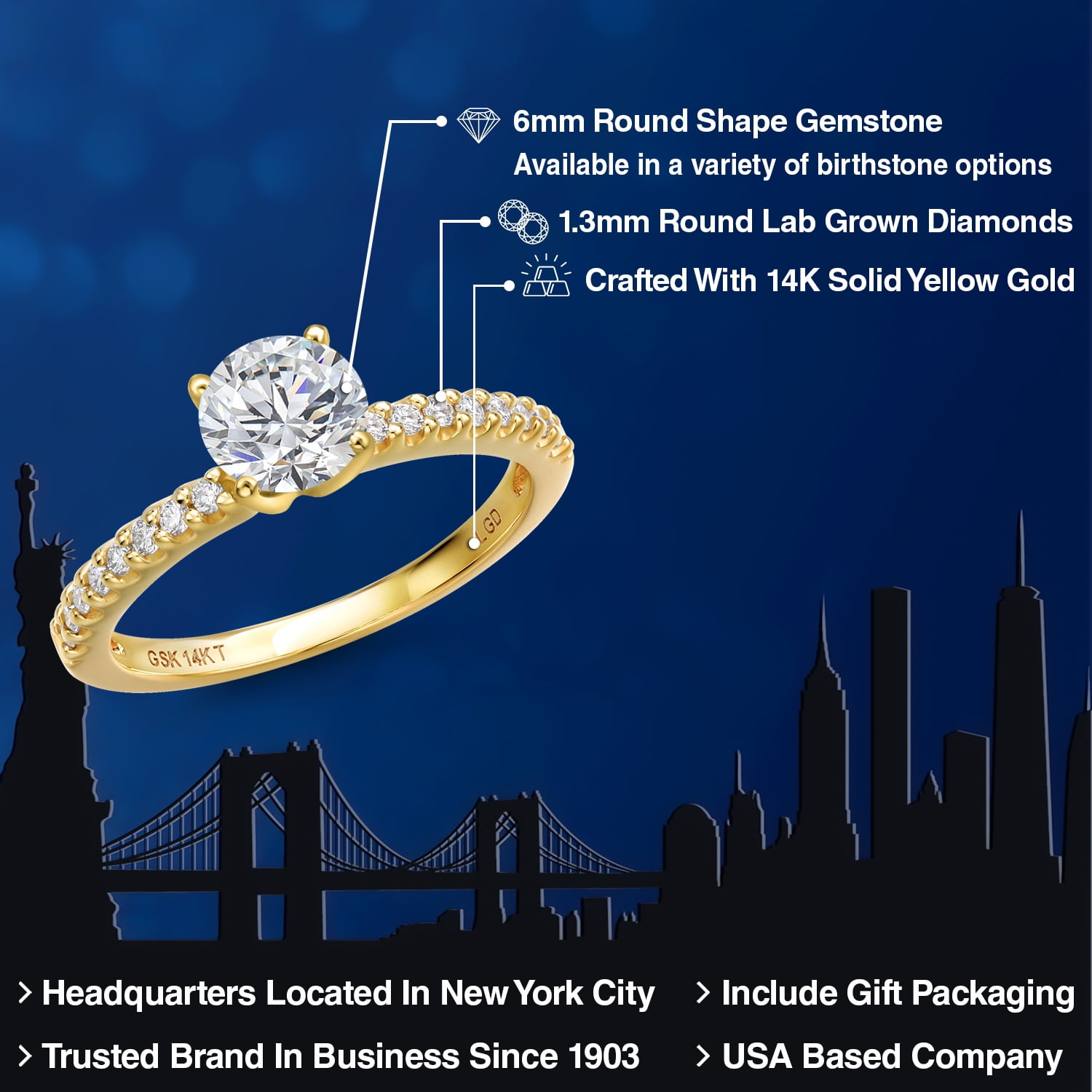 Gem Stone King 14K Yellow Gold Lab Grown Diamond Engagement Ring for Women | 0.90 Cttw | Round 6MM | Gemstone April Birthstone | Size 8