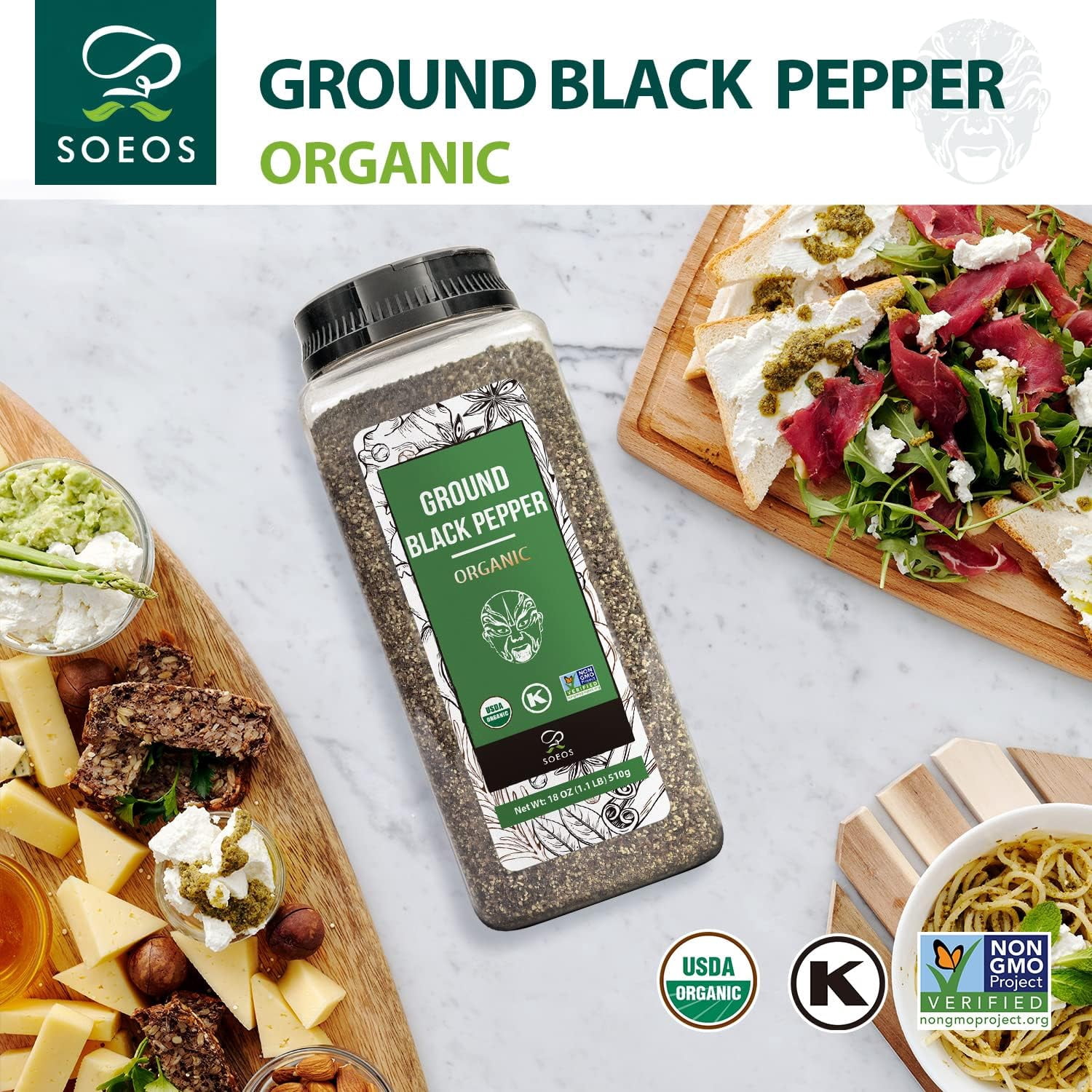 Soeos Organic Black Pepper Ground Fine 18oz (510g), Non-GMO, Freshly Packed, Fine Ground Black Peppercorns Powder for Refill.