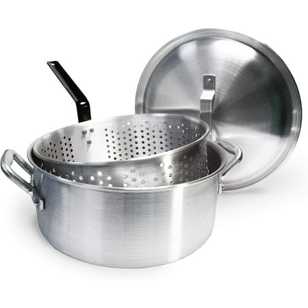 Bayou Classic 1350 14-qt Aluminum Fry Pot w/ Lid and Aluminum Perforated Basket Features Heavy-Duty Riveted Handles Domed Lid Perfect For Frying Fish Shrimp Chicken and Hushpuppies