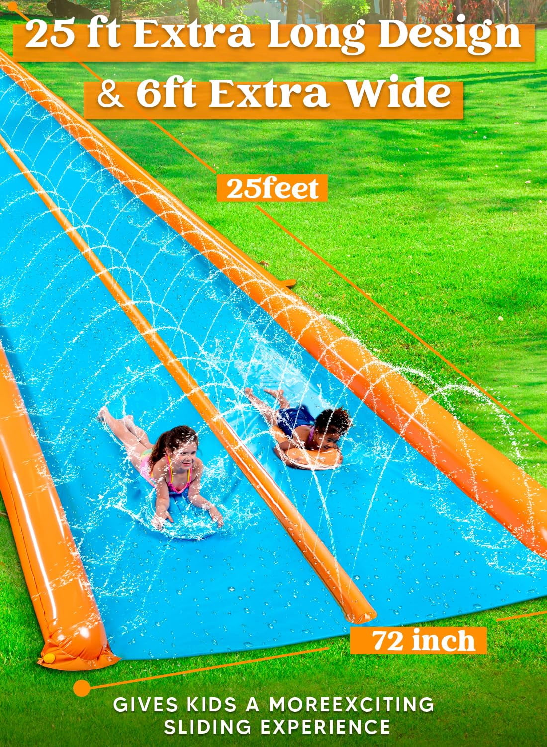 Joyfy 25ft x 6ft Double Water Slide for Kids, Heavy Duty Lawn Water Slide with Sprinkler and 2 Slip Inflatable Boards for Summer Yard Lawn Outdoor Water Play Activities