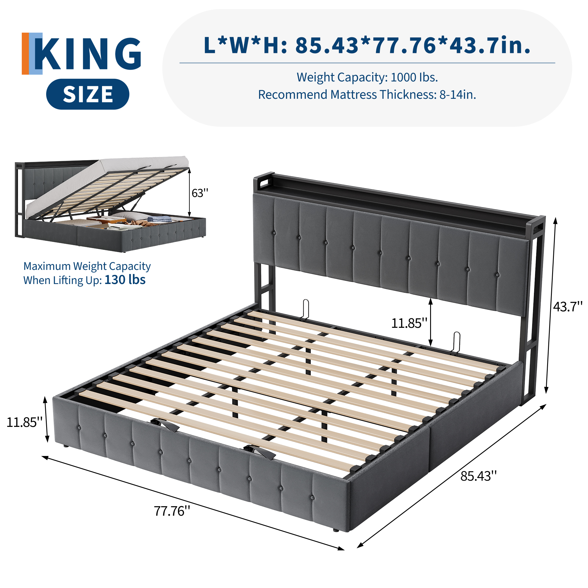 Kicctian King Size Lift-Up Storage Bed Frame, Upholstered Headboard with Hydraulic Support, Heavy-Duty Wood Slat Support, No Box Spring Required, Noise-Free, Easy Assembly, Gray