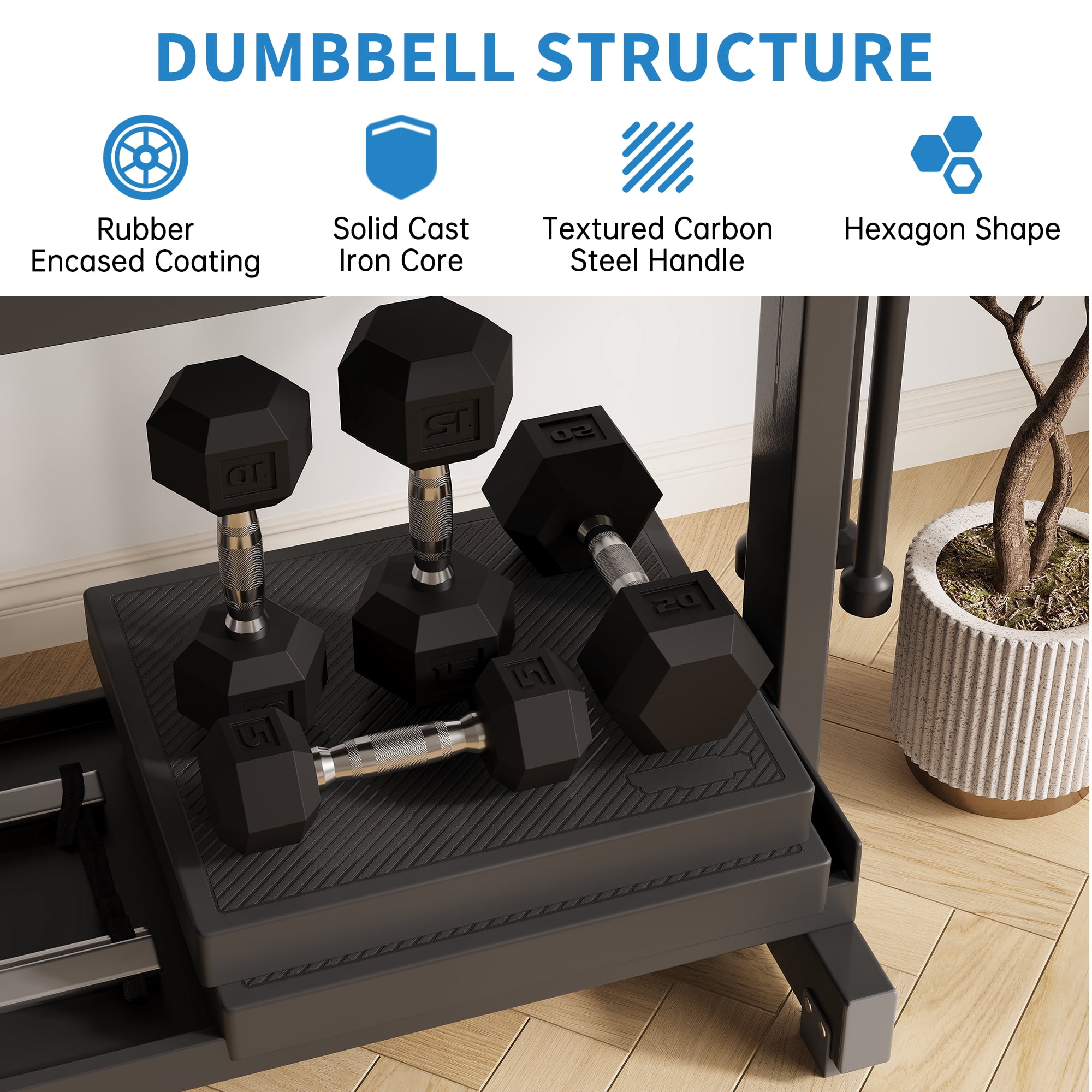5-50 LB Hex Dumbbells Set of 2, Rubber Encased Cast Iron Dumbbells with Textured Carbon Steel Handle, Anti-Roll Hexagon Weight Pair Strength Training Hand Weights for Home Gym, Men & Women