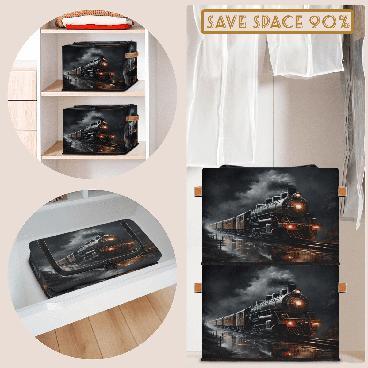ADECORIVY Train Fabric Storage Bin with Lid, Decorative Closet Shelf Organizers, Steam Train Foldable Basket Box Clothes Storage Bin with Handles