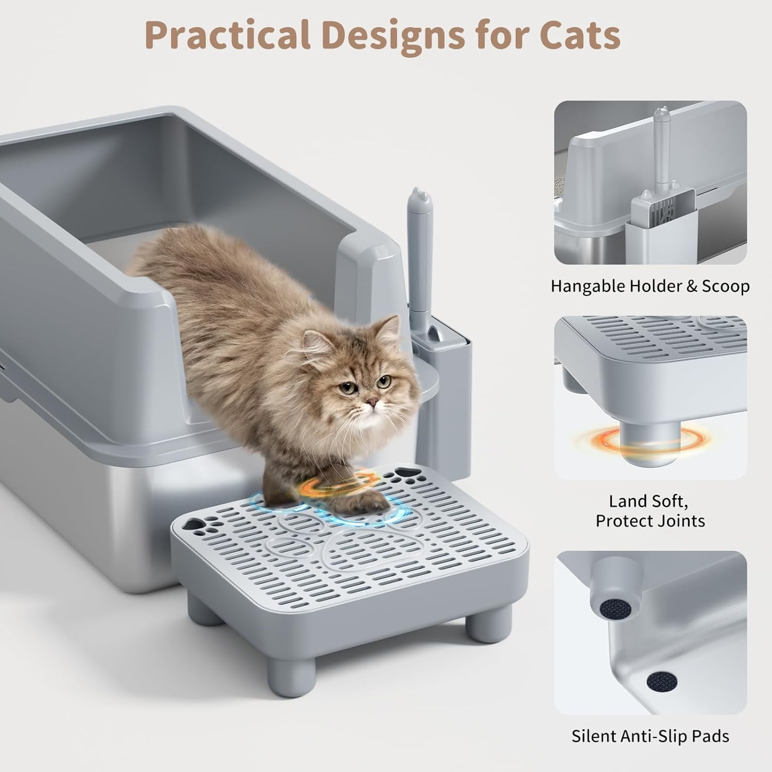 Stainless Steel Cat Litter Box with lid, Extra Large Metal Litter Box for Big Cats XL High-Sided Steel Litter Pan with Anti-Leakage Design, Odorless, Easy Clean, Includes Scoop (Gray)
