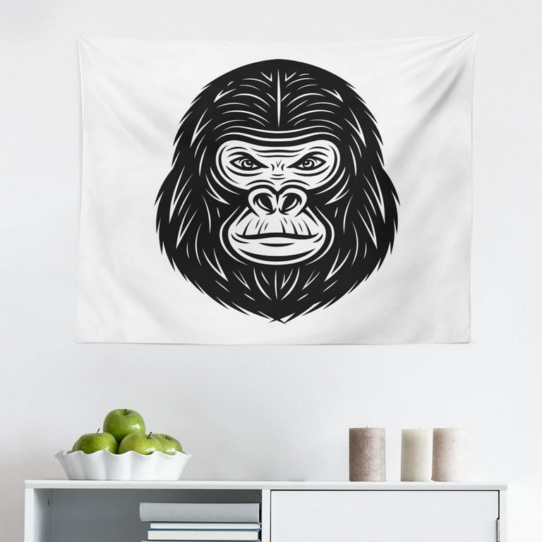 Gorilla Tapestry Illustration of a Creative Angelic Monkey with Wings Furry Grumpy Creature Fabric Wall Hanging Decor for Bedroom Living Room Dorm