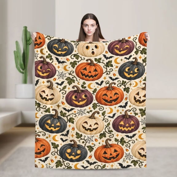Halloween Pumpkin Blanket Gift Jack O Lantern Fall Spooky Home Decor Cozy Soft 50x40 in
