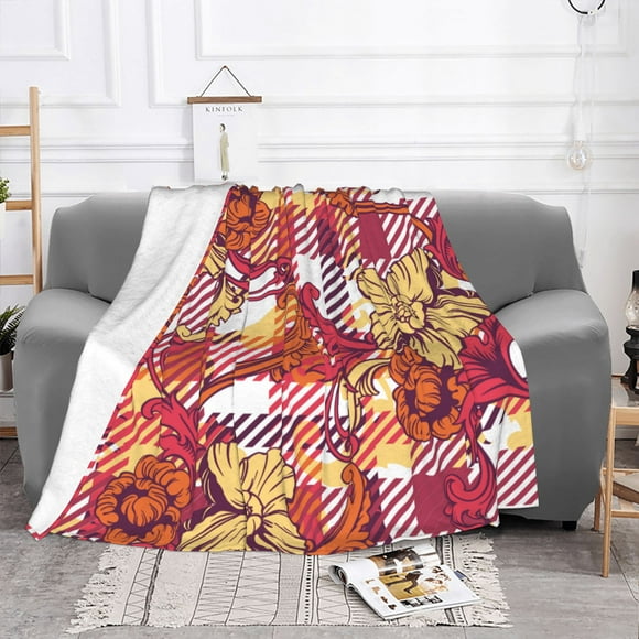 YFYANG Lightweight Warm Flannel Blanket, Red Baroque Floral Texture Throw Blanket for Bed, Sofa, Travel, Camping, 50"x40"