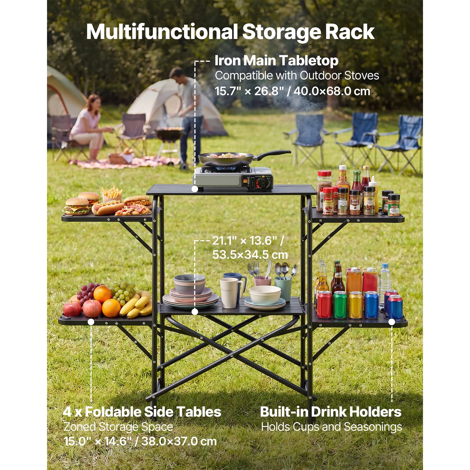 KFFKFF Portable Camping Kitchen Table, Foldable Cook Station with 4 Side Tables, Heat-Resistant Surface, and Carry Bag, Perfect for Outdoor Cooking, Picnics, BBQs, Camping, and RV Trips