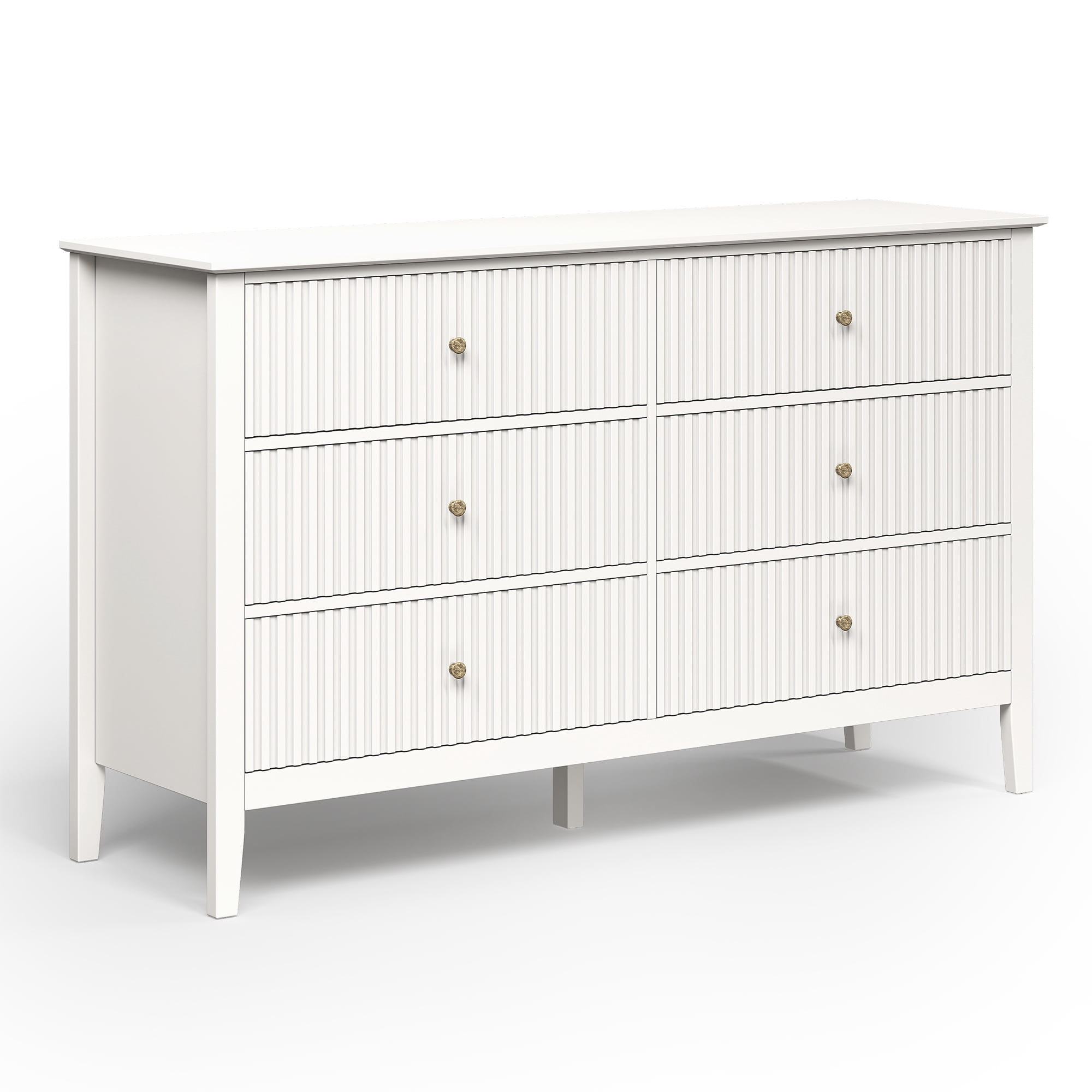 May in Color Fluted 6 Drawer Dresser, Wide Modern Chest of Drawers, Large Wood Storage Cabinet Organizer for Bedroom, Living Room, Hallway, Entryway, White