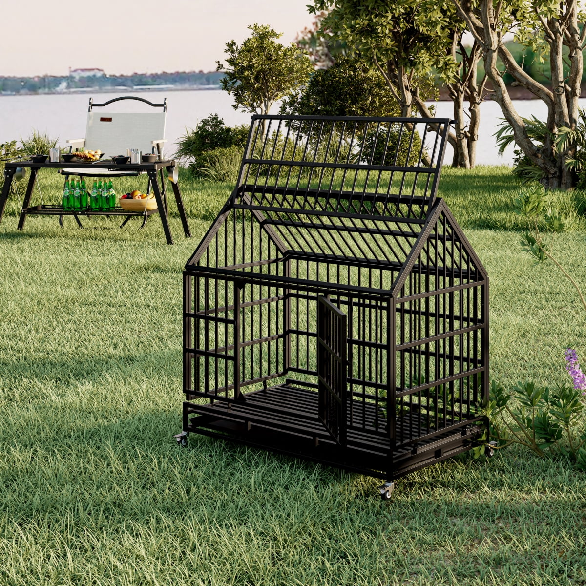 Black 48 Inch Heavy Duty Folding Dog Crate with Wheels Removable Tray