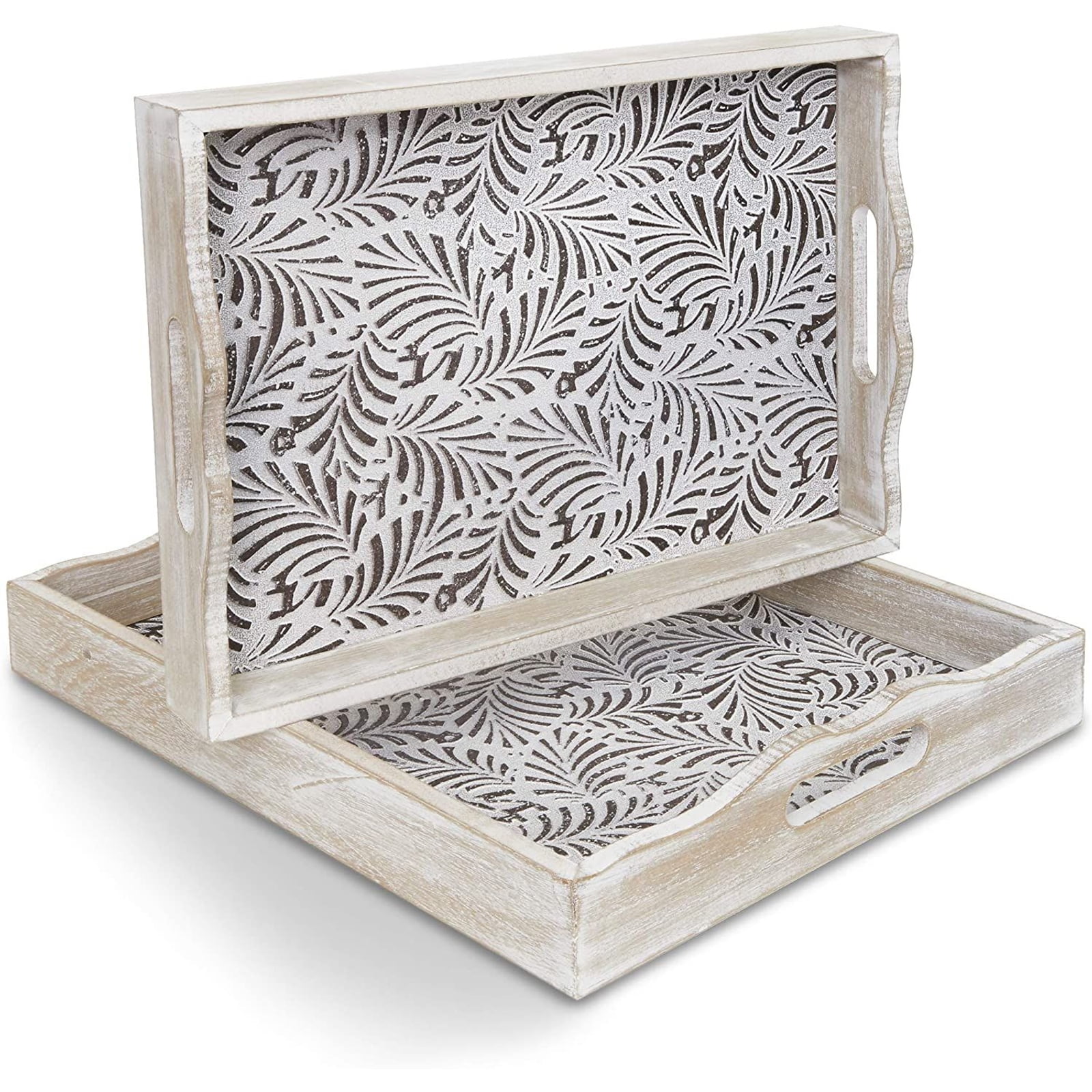 2Pack Rustic Wood Coffee Table Serving Tray with Handles for Ottoman