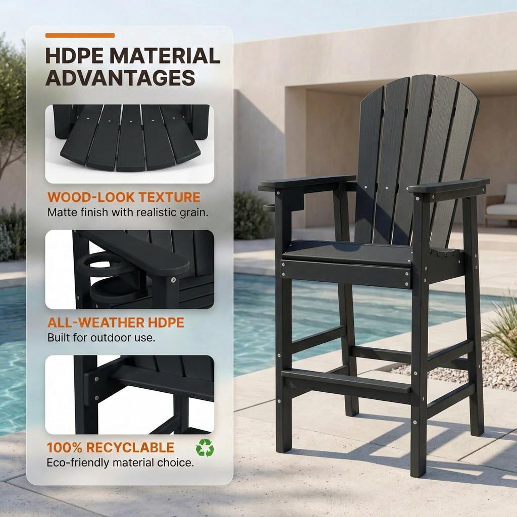 All-Weather Bar Height Adirondack Chair, Outdoor Patio Bar Stool with Armrests & Cup Holder, UV/Weather Resistant, Ergonomic High-Back Design for Deck Backyard Poolside 1PC