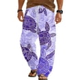 thumbnail image 2 of Beach Pants for Men Sea Turtle Print Loose Fit Elastic Waist Wide Straight Leg Cotton Linen Casual Pants with Pockets, 2 of 5