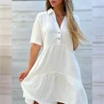 thumbnail image 1 of Vestido de lino y algodón para mujer, prenda informal de manga corta y cintura alta con botones y solapa, Color liso, Verano, 1 of 4