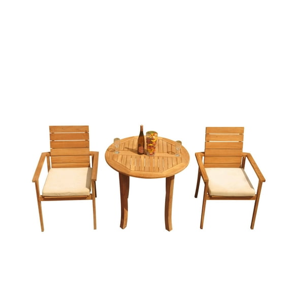 Grade-A Teak Dining Set: 2 Seater 3 Pc: 36" Round Table And 2 Algrave Stacking Arm Chairs Outdoor Patio WholesaleTeak #51AL0703