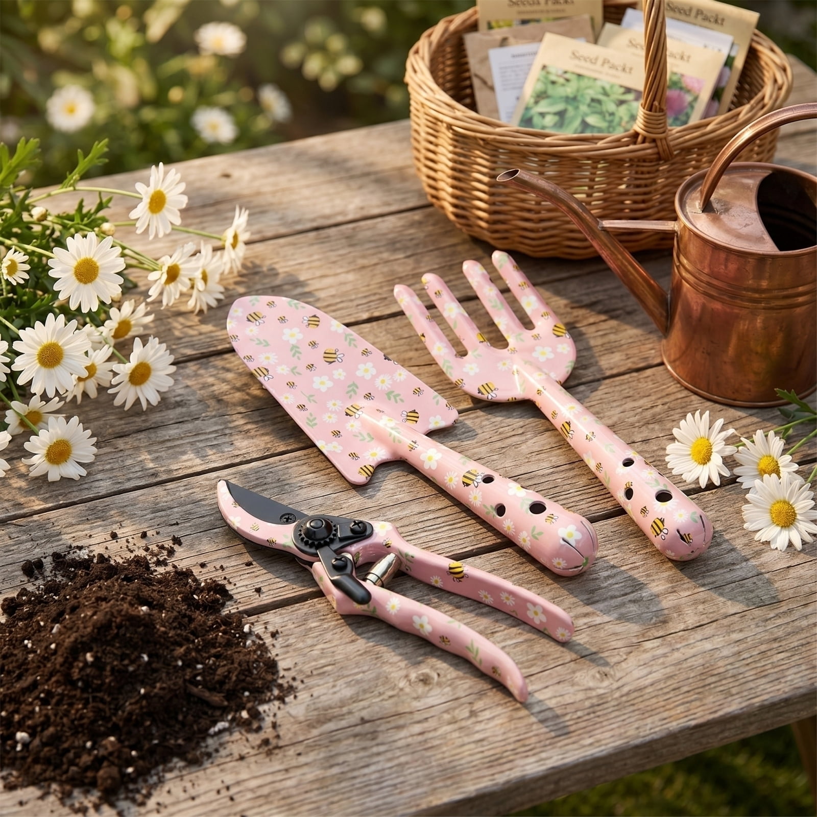 Garden Tools Set, 3 Piece Pink Floral Printed, for Outdoor Small Yard Flower Planting Gardening
