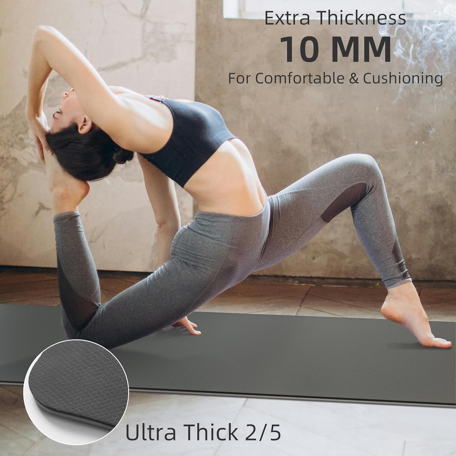 4W 10mm Thick Yoga Mat- TPE Non-Slip Exercise Mats with Strap for Home Workout/Pilates for Women Men 72"×26"(Grey +Black)