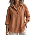 thumbnail image 2 of Womens Solid Corduroy Half Button Collared Pullover Loose Fit Long Sleeve Casual Shirt Curved Hem Fashion Blouse For Spring Fall Daily Street And Commuting Outfits Orange L, 2 of 4