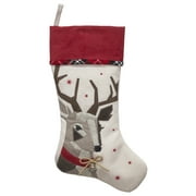 Holiday Time Ivory Linen Geometric Deer Christmas Stocking with Faux Suede Cuff, 20"