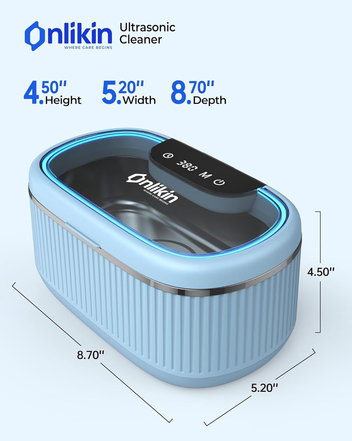 Ultrasonic Jewelry Cleaner 35W 45KHz – for Retainers, Eyeglasses & Dentures, 20oz 304SS Tank, 5 Timer Modes (Blue)
