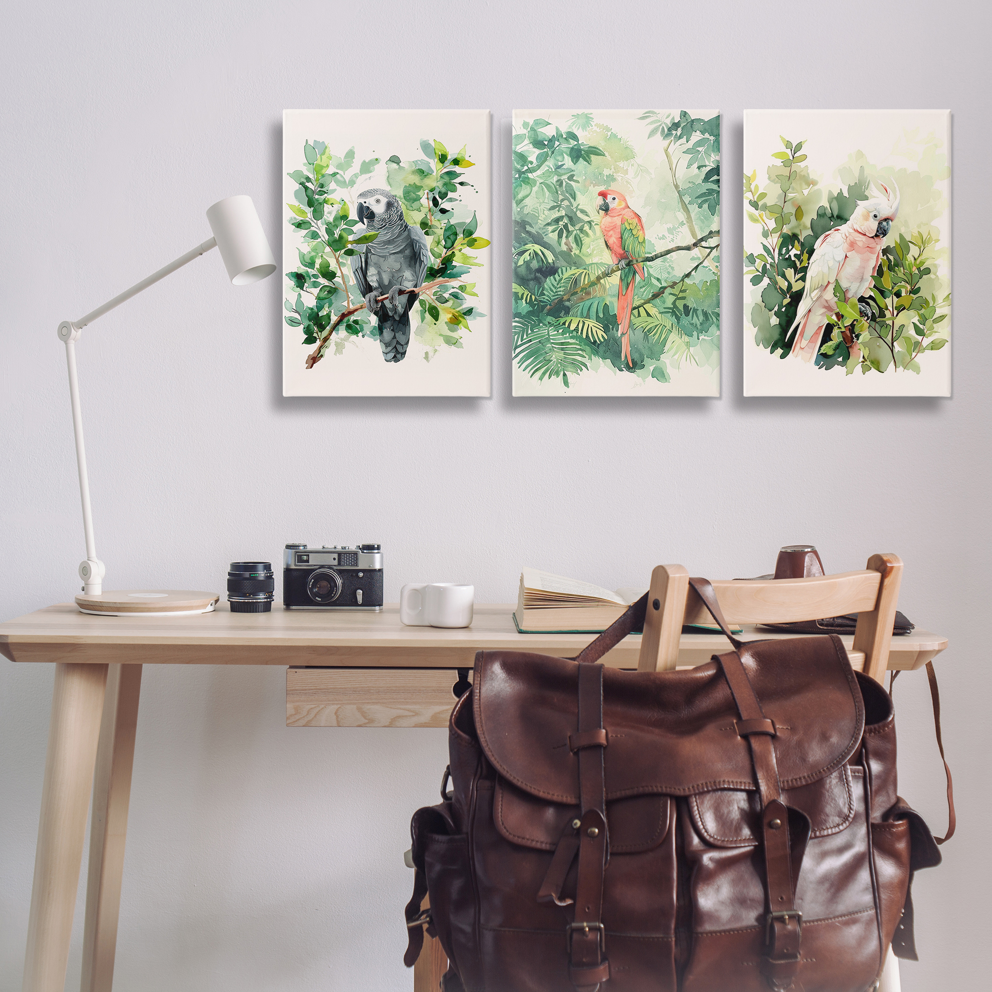 Stupell Industries Tropical Parrots in Jungle Animals Painting Wrapped Canvas Art Print Wall Art, 20 x 30, Set of 3