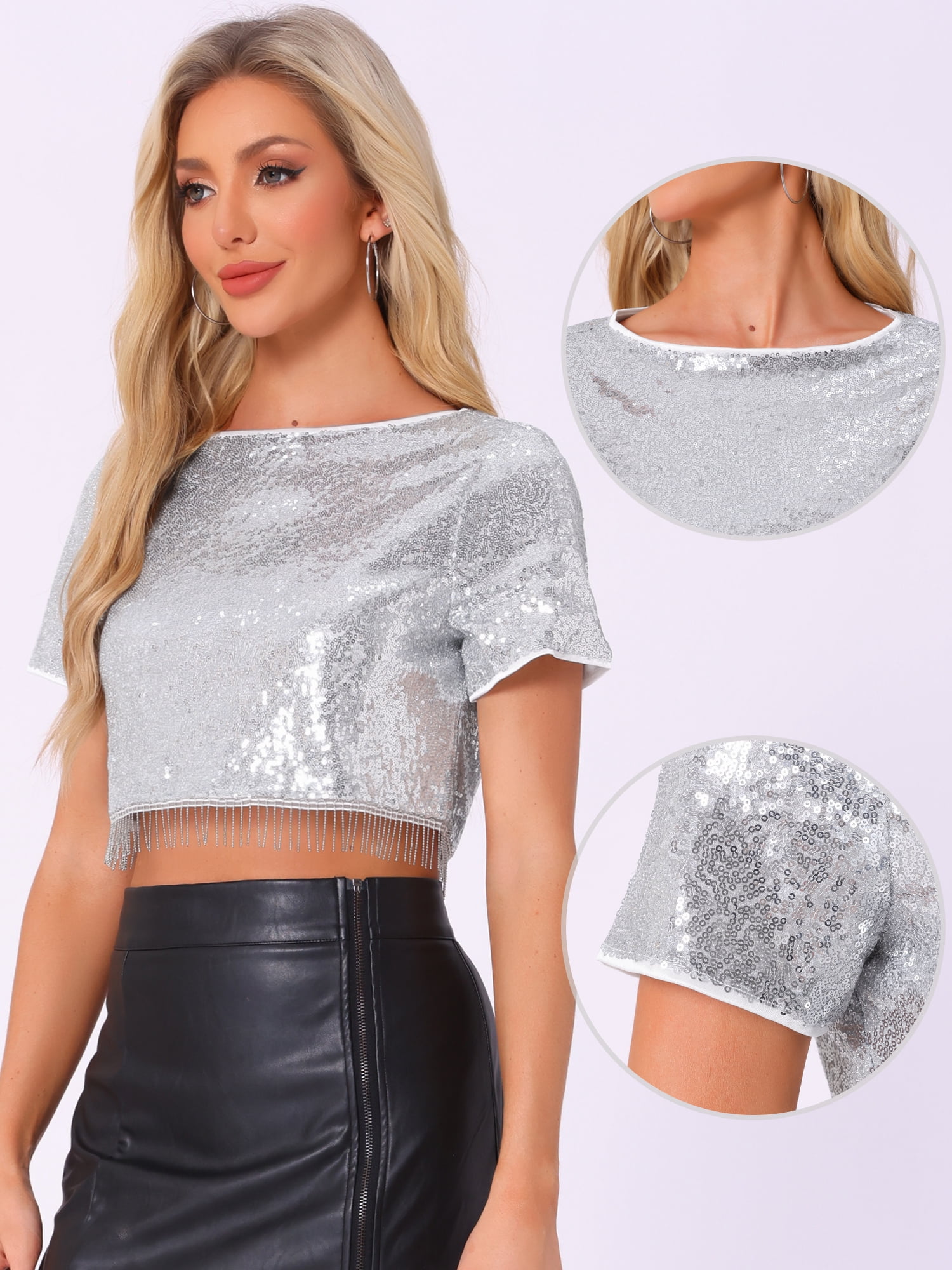DARING DIVA Short Sleeve Round Neck Cocktail Top L Silver