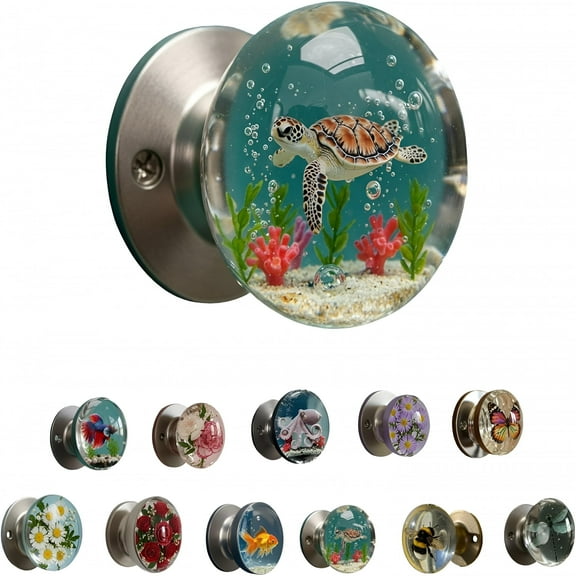 LAMIRO Unique Decorative Door Handle,Crystal-Style Animal Sculptures,Handcrafted Retro Round Resin Epoxy Flower Door Knob,Nature Style Transparent Doorknobs